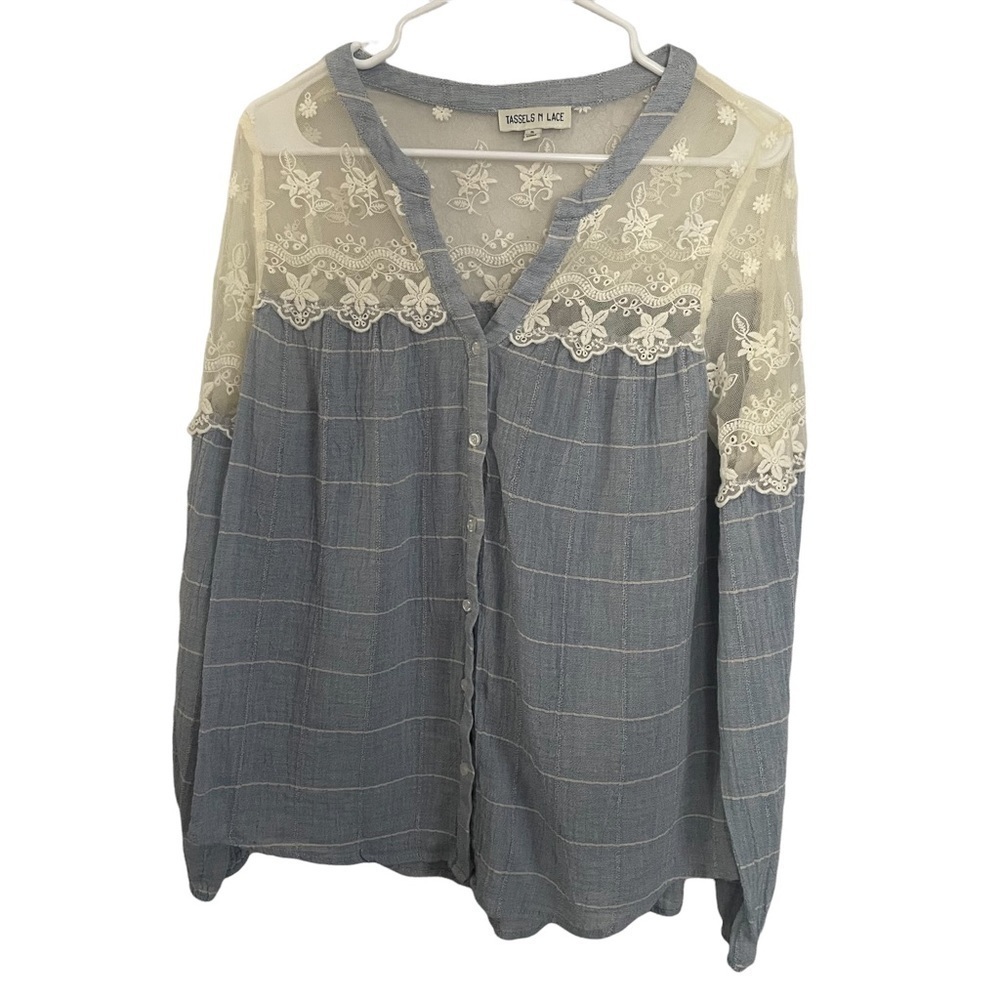 TASSEL N Lace Chambray Lace Mixed Media Button Down Top